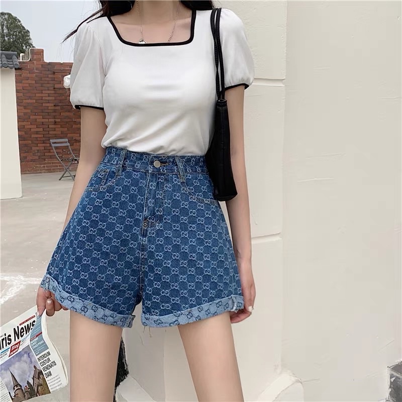 Quần short jean nữ vân hoạ tiết GC - quần đùi bò nữ gucci lưng cao