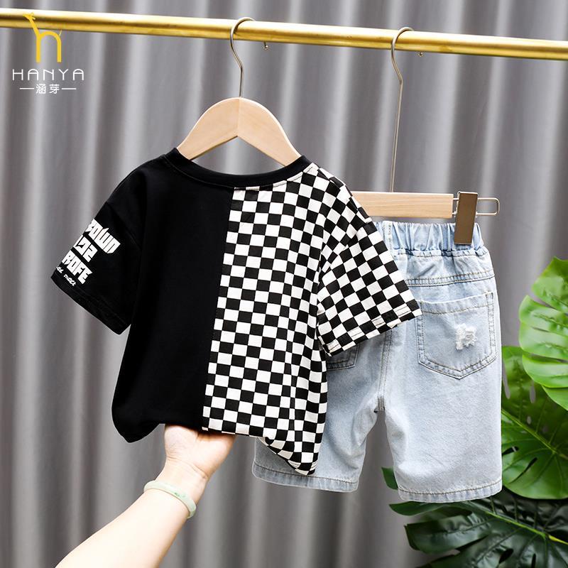 Set Áo Sơ Mi Tay Ngắn Kẻ Sọc Caro + Quần Short Denim Năng Động Thời Trang Hè Cho Bé Trai