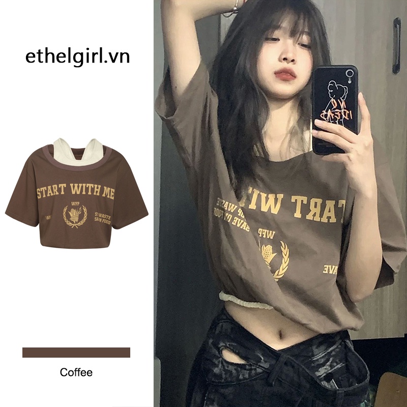 Ethelgirl Áo Croptop Ngắn Tay In Họa Tiết Phong Cách retro Gợi Cảm Cho Nữ