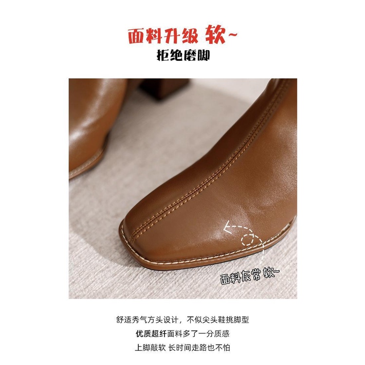 Giày Bốt Da Mềm Gót Thấp Dày Dặn Màu Nâu Phong Cách Pháp Thời Trang Mới 2021 Cho Nữ