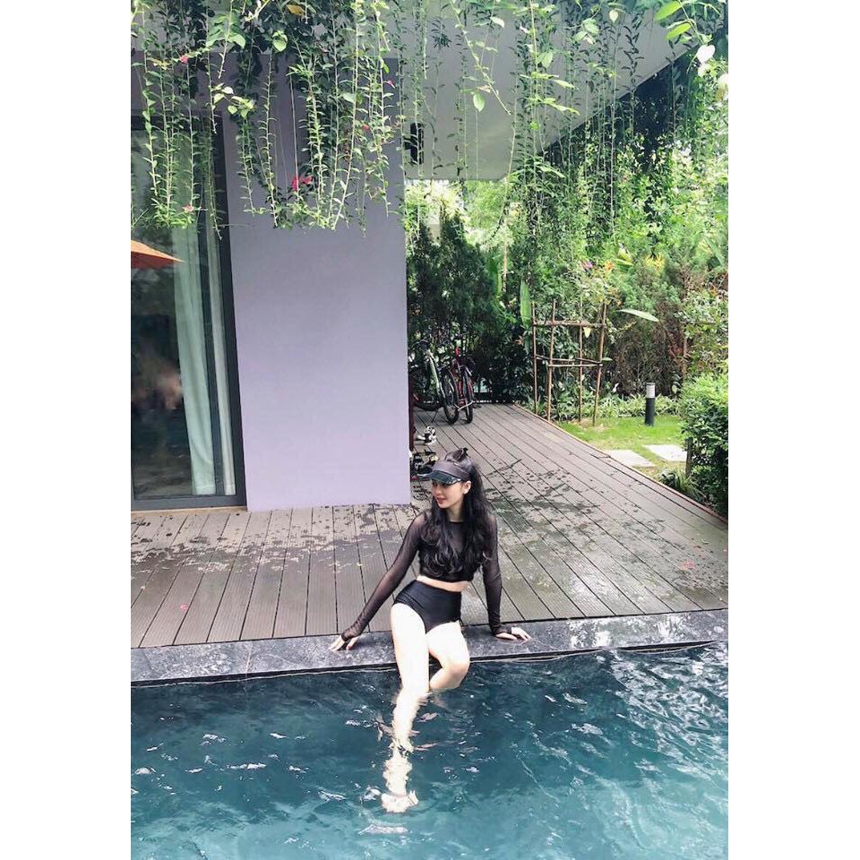 CÓ SẴN, VIDEO Bộ bơi dài tay quần cạp cao cá tính bikini đi biển, học bơi bikini 3 mảnh