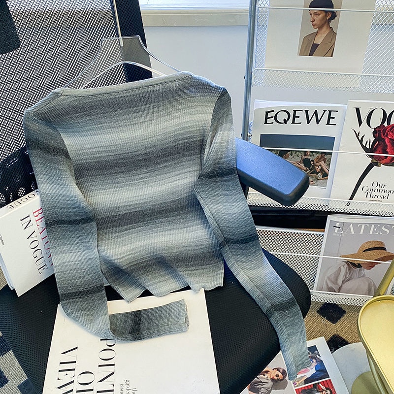 Áo Sweater Dệt Kim Tay Dài Dáng Ôm Kẻ Sọc Màu Sắc Tương Phản Thời Trang Mùa Thu Cho Nữ