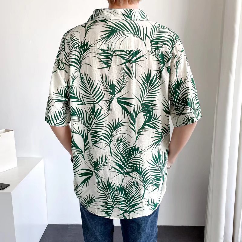 Áo Sơ Mi  Nam Tay Ngắn Họa Tiết Lá Cây Thời Trang Phong Cách Hàn Năng Động Cho bigsize áo phong rộng unisex