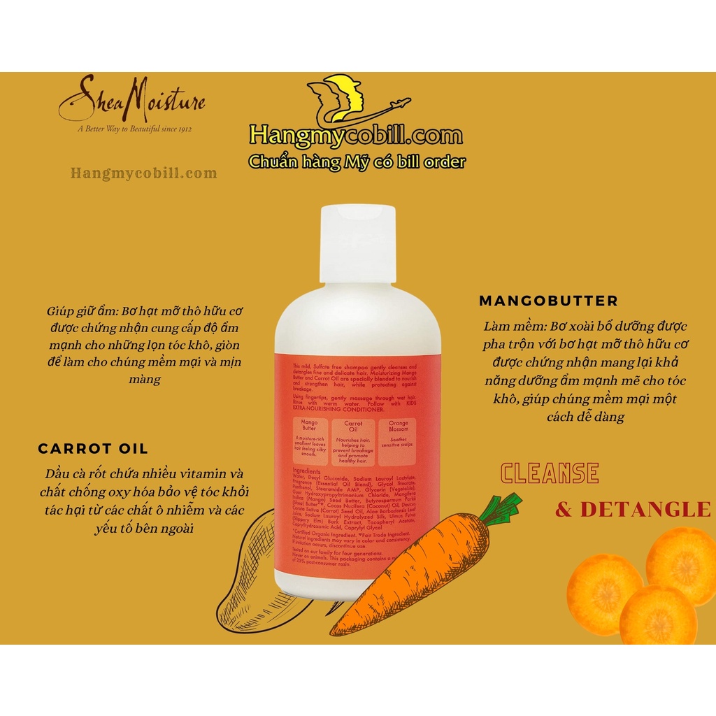 (có bill nhập)DẦU GỘI - XẢ CHO BÉ SHEA MOISTURE MANGO&amp;CARROT KIDS 237ML