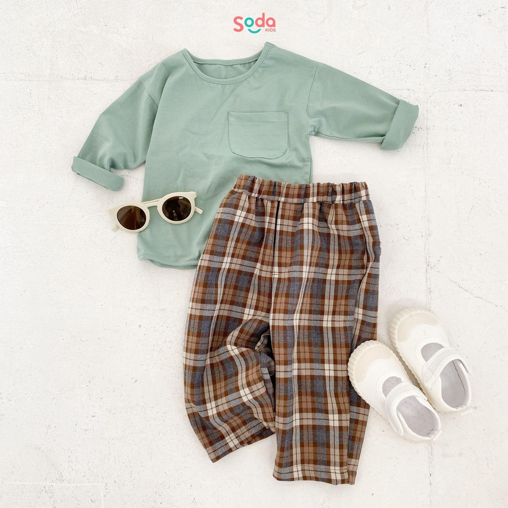 Quần dài cho bé SODA KIDS chất liệu UMI dày dặn, mềm, mịn, co giãn, họa tiết kẻ caro cạp chun năng động