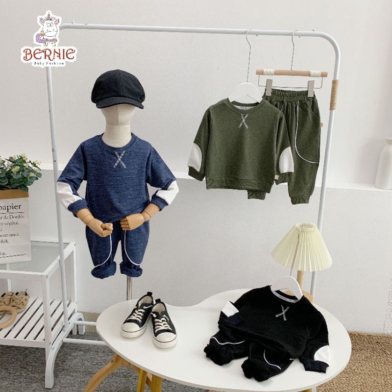_ Bộ Cotton thu đông thêu chữ X cho bé trai/gái 9-22kg