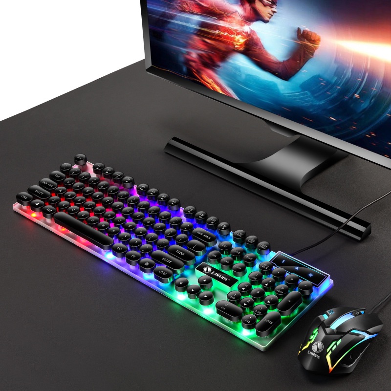 Bộ bàn phím gaming GTX 300, RGB đèn led 7 màu, bàn phím giả cơ nút tròn 104 phím + chuột gaming hỗ trợ 1600 DPI - K1308