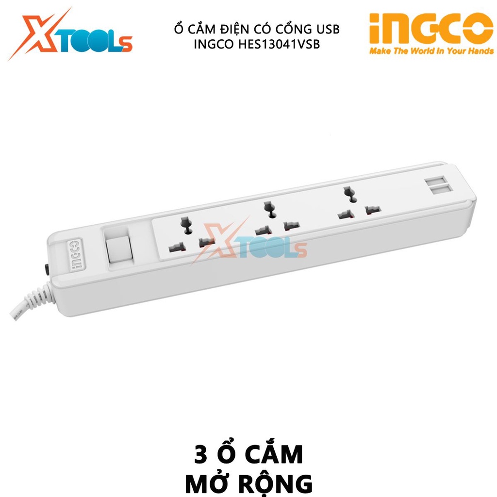 Ổ cắm điện ba chấu INGCO HES13041VSB | ổ cắm điện Dòng điện tối đa 13A Cáp nguồn Cáp nguồn 3 mét 3 * 1.25mm2 USB 2.1A lỗ