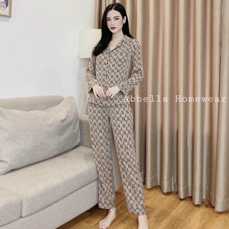 Đồ bộ nữ, pijama họa tiết NY nâu,SOMNIA, đồ ngủ bigsize, bộ lụa mặc nhà mềm mại, pyjama cao cấp lụa hàn