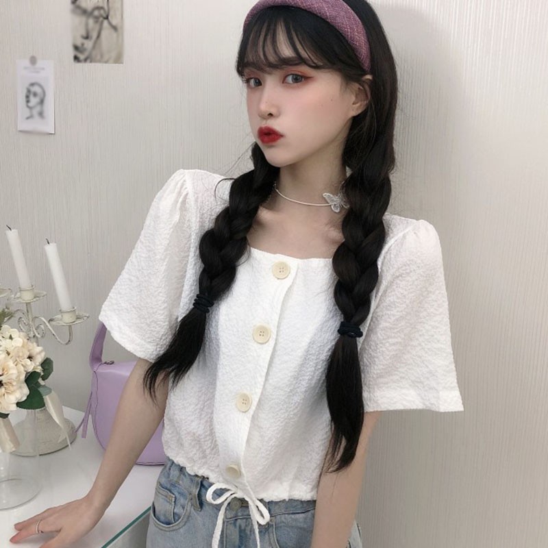 Áo Croptop Ngắn Tay Cổ Vuông Phối Dây Rút Xinh Xắn Dành Cho Nữ