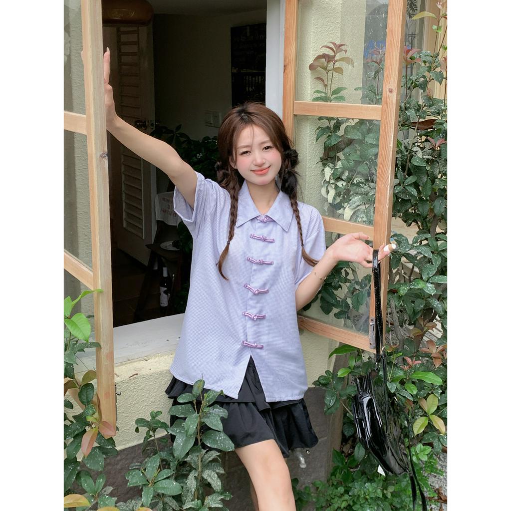 「 WELOVE1 」Áo Sơ Mi Ngắn Tay Kẻ Sọc Caro Tím Nhạt Thiết Kế Mới Mùa Hè Cho Nữ