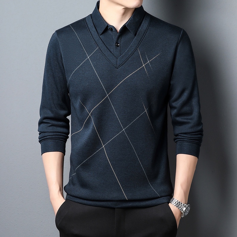 Người đàn ông dài tay polo áo thun người đàn ông giả hai dài tay áo t-shirt giản dị kẻ sọc đầu thân thiện với môi trường thực vật hoạt động nhuộm trung bình thanh niên kinh doanh hàng đầu ve áo thun người đàn ông mùa xuân và mùa thu mới quần áo nam