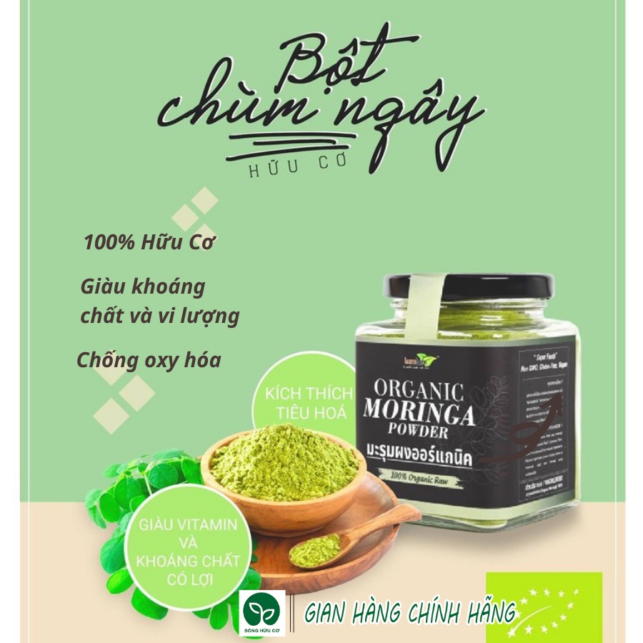 Bột chùm ngây hữu cơ 150g Lumlum Organic Moringa Powder rắc sữa chua, pha cùng sữa cải thiện giấc ngủ