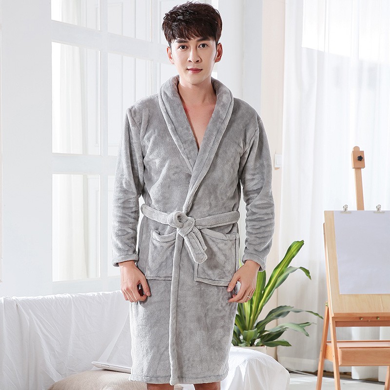 Áo choàng ngủ vài đôi vải nỉ dày dặn mùa thu và đông san hô lông cừu mặc nhà pyjama tắm dài tay cho nam nữ