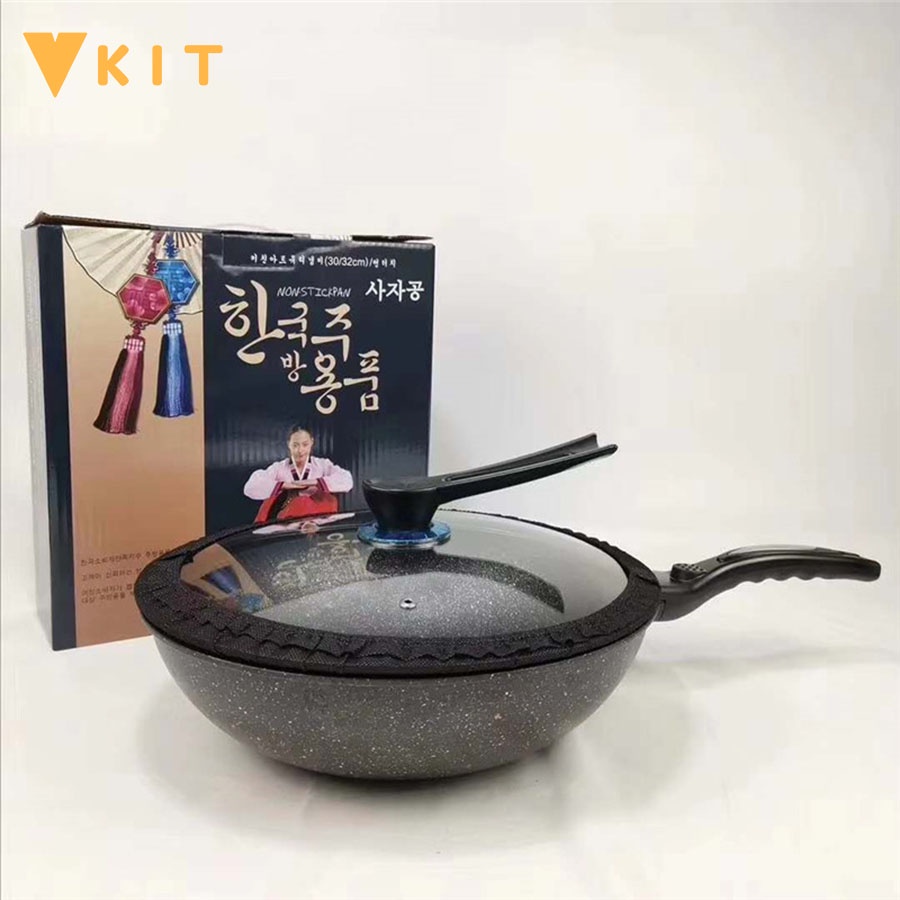 (Tặng kèm môi) Chảo chống dính vân đá HÀN QUỐC  - Chảo chống dính cao cấp có tay cầm kiểu mới VKIT- dùng được cho bếp từ