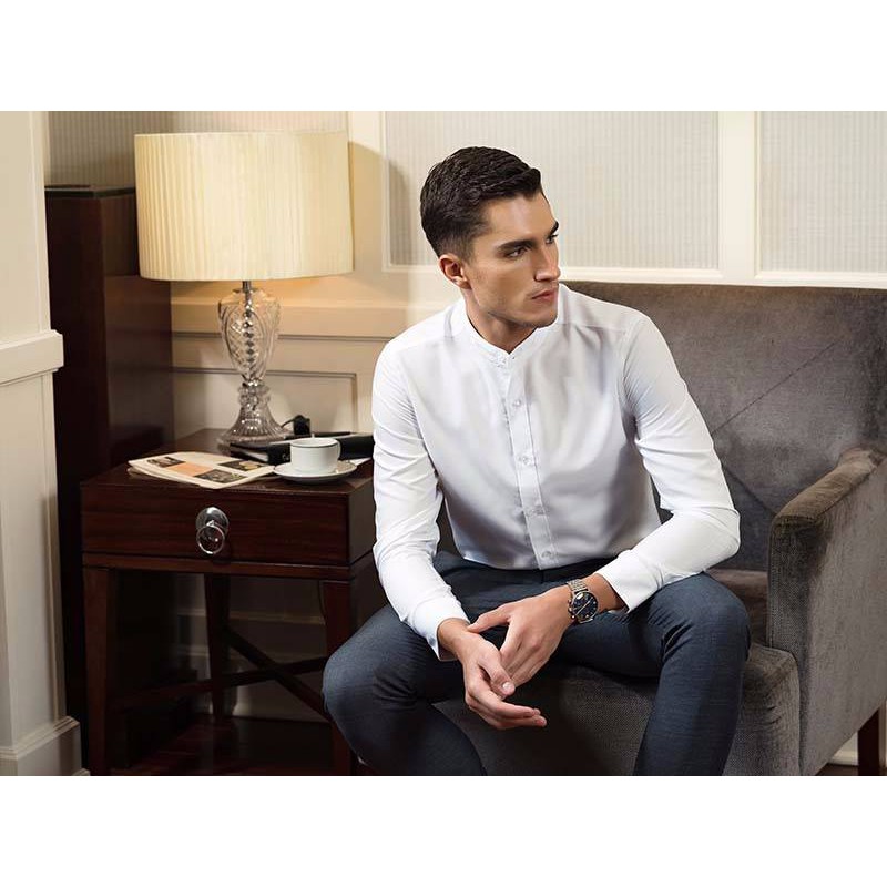 Áo sơ mi nam áo sơ mi Cổ tàu cá tính Vải lụa êm mịn co giãn Trắng Đen | BigBuy360 - bigbuy360.vn