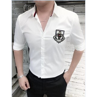 Áo sơ mi nam trắng thêu LOGO lụa chống nhăn MS041
