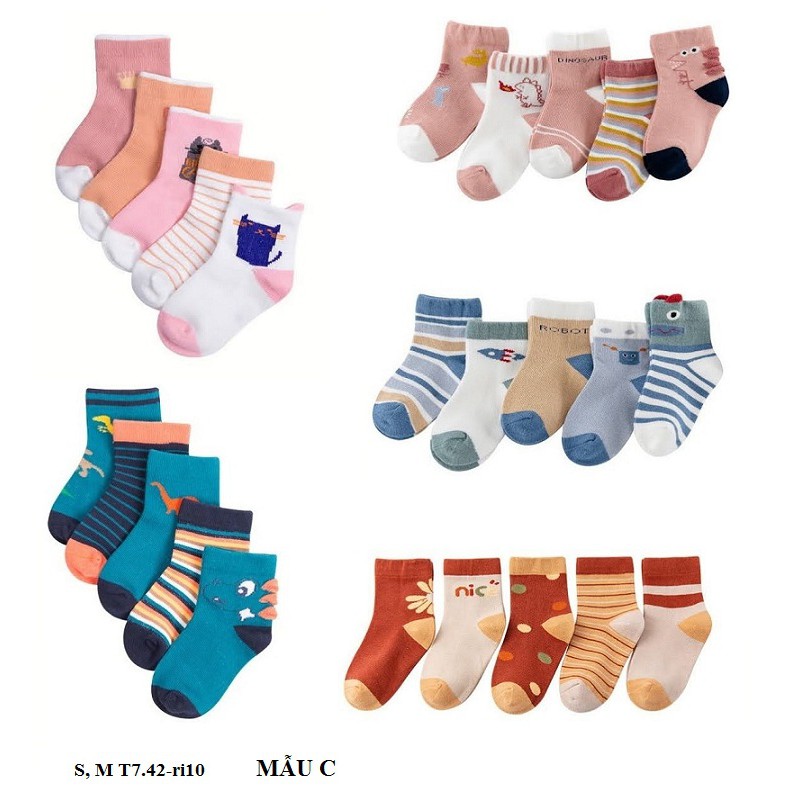Túi 5 tất ngắn T7.42 vớ xinh nhiều mẫu size  S, M  cho bé gái/bé trai