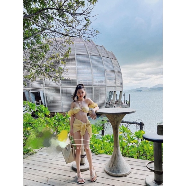 Bikini Tay Phồng Công Chúa, Set 3 Món Kèm Khăn Quấn xinh xắn (hình thật)