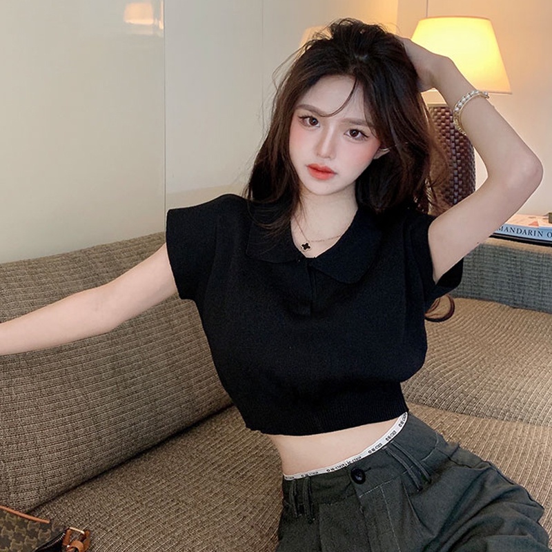 （4 Màu）Áo Thun Polo Dệt Kim Tay Ngắn Cổ Bẻ Màu Trơn Dáng Ôm Thời Trang Cho Nữ