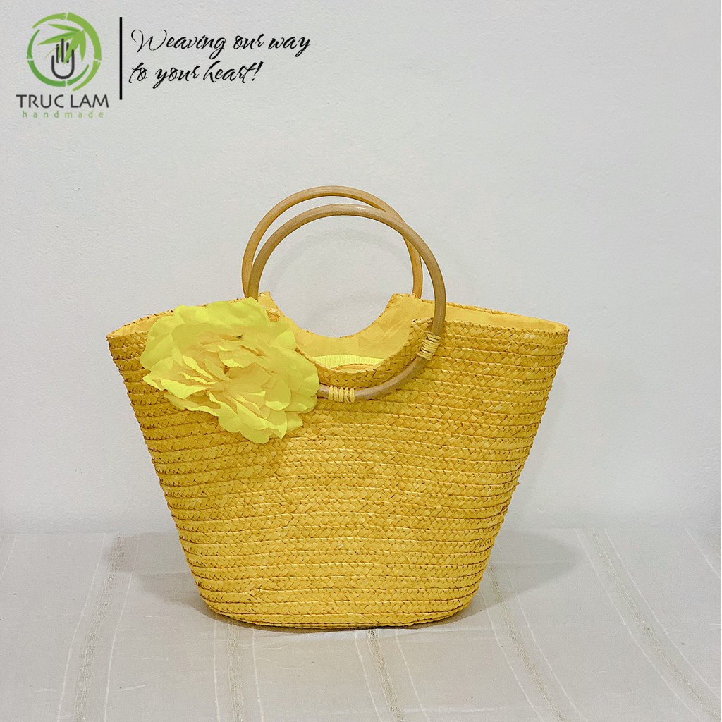 Làn Cói Xách Tay Thời Trang Nữ Quai Mây Tròn Gắn Hoa Lụa – Trúc Lâm Handmade