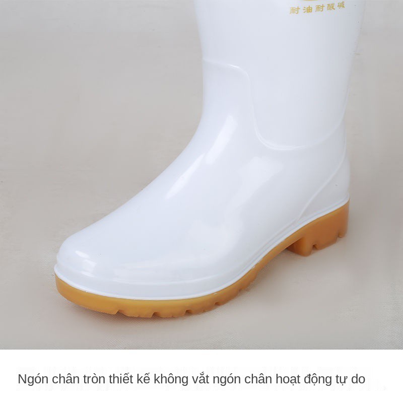 Giày đi mưa màu trắng cho nam và nữ nước ống vừa cao -giày bền vững không thấm chống dầu bảo hiểm lao động su Ủng t