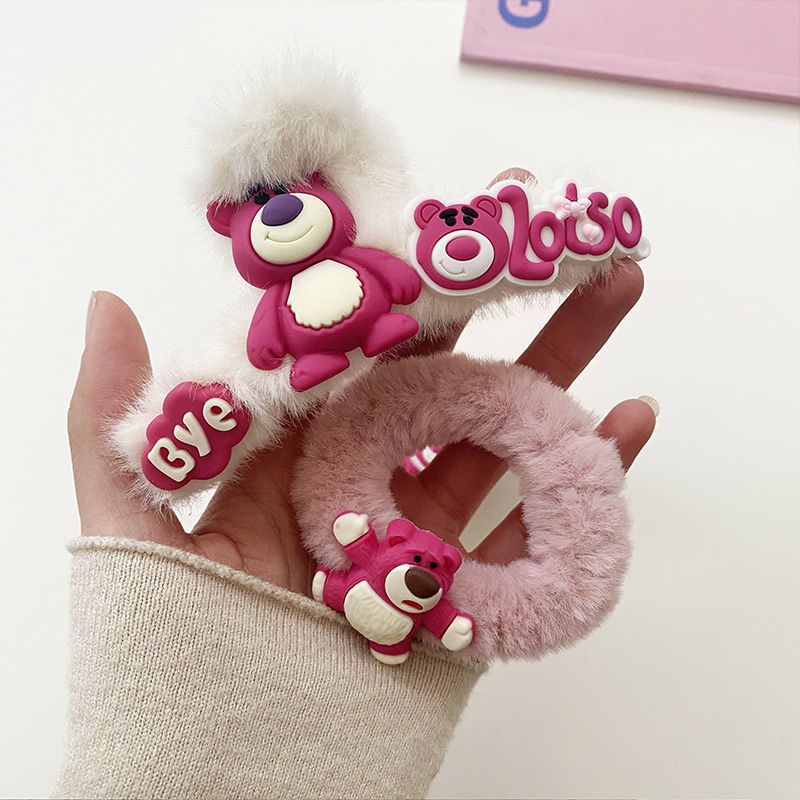 Kẹp tóc phủ lông sang trọng hình Gấu dâu tây phong cách Hàn Quốc