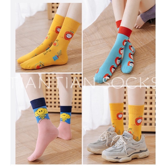 Tất vớ  nữ cổ cao cotton in họa tiết hoạt hình dễ thương phong cách Hàn Quốc