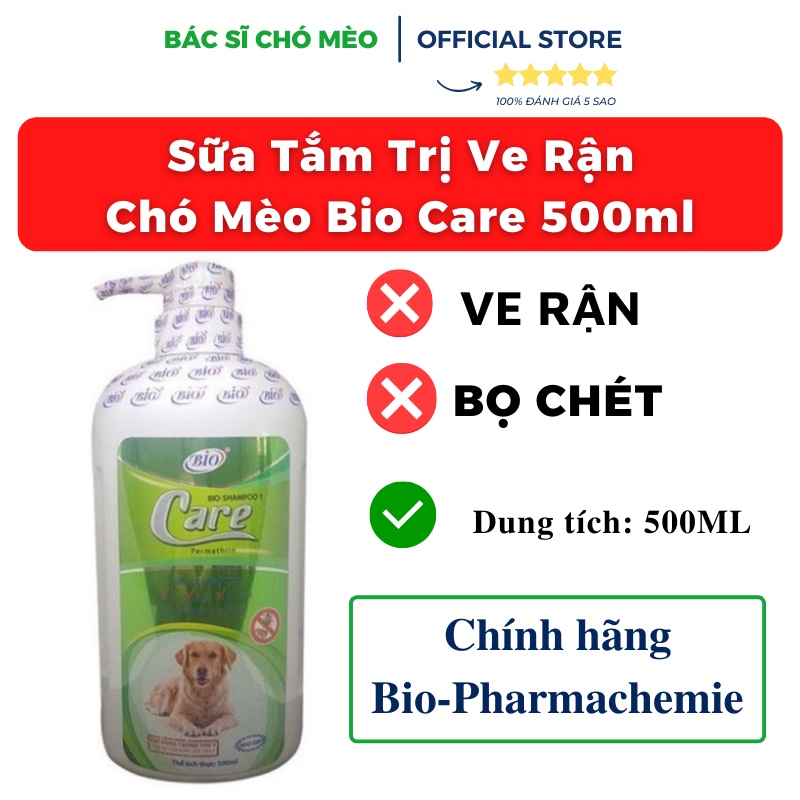 Sữa Tắm Trị Ve Rận Bọ Chét Chó Mèo Bio Care 500 ml CHAI LỚN- HSD 2023