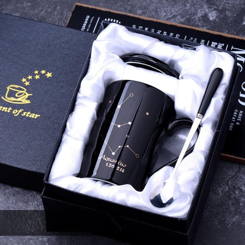 Ly cốc sứ có nắp in hình 12 cung hoàng đạo cực đẹp kèm thìa, màu đen