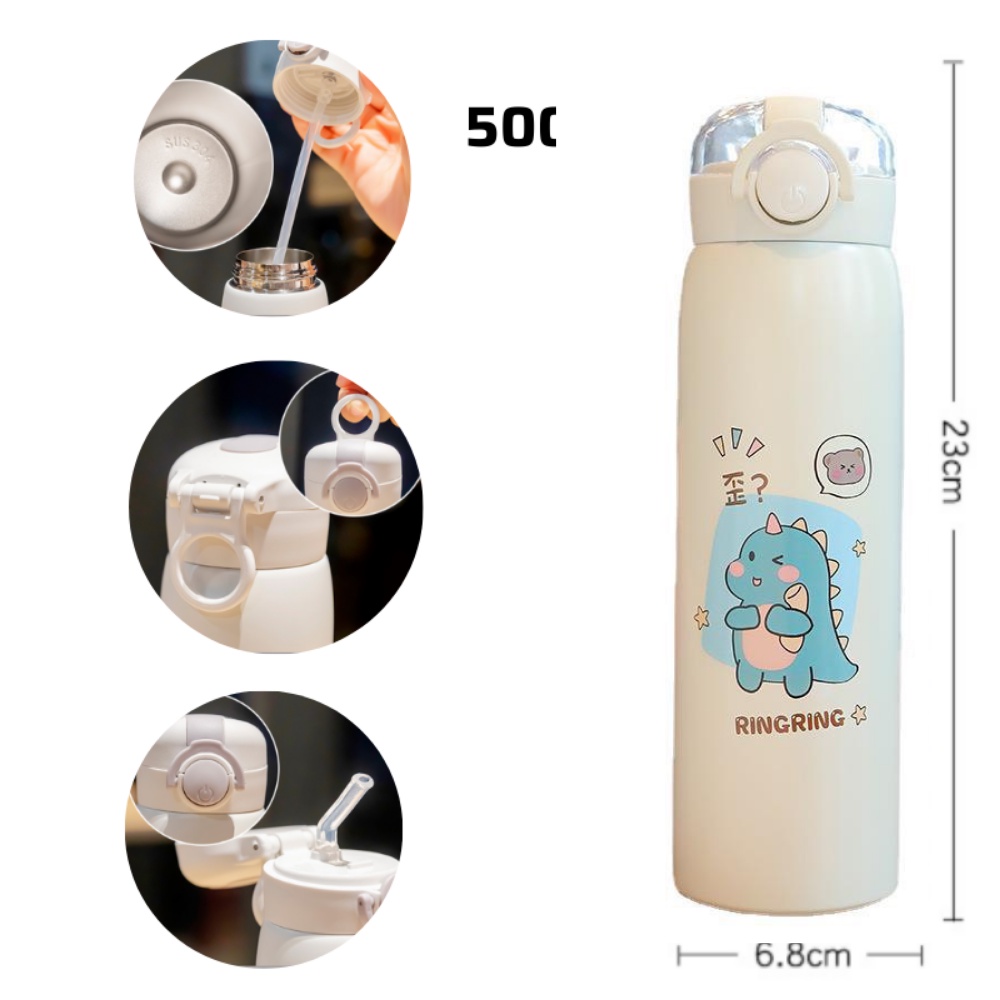 Bình giữ nhiệt 500ml Hình Gấu , bình nước giữ nhiệt inox 304 có ống hút có dây , bình giữ nhiệt cho bé