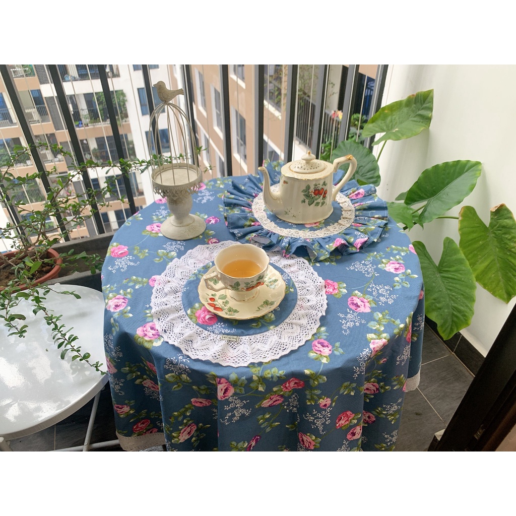 COMBO KHĂN TRẢI BÀN + VỎ GỐI REN + TẤM LÓT REN họa tiết hoa siêu đẹp, sang trọng, nhã nhặn Landecor mã TB547