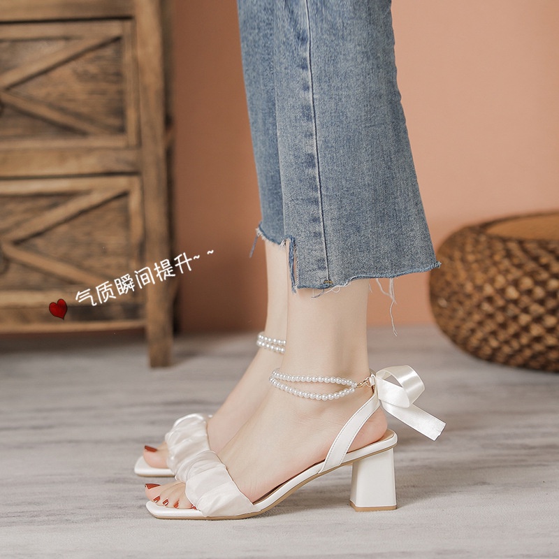 Giày Xăng Đan Cao Gót Nữ Quai Ngang Nhúng Ren Cột Nơ Quai Dây Ngọc Đế Vuông 6cm Thắt Nơ Lua Sau Gót Xinh Công Chúa