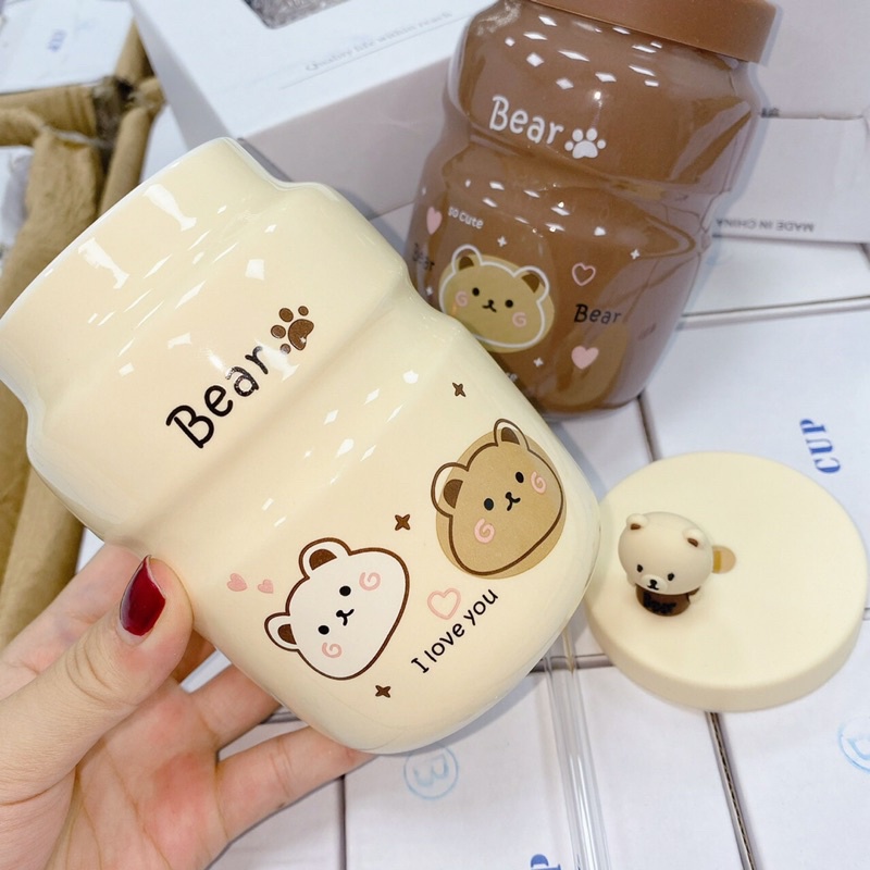 CỐC SỨ CAO CẤP TRÁNG MEN IN HOẠ TIẾT GẤU BIER KÈM ỐNG HÚT NGỘ NGHĨNH.AH