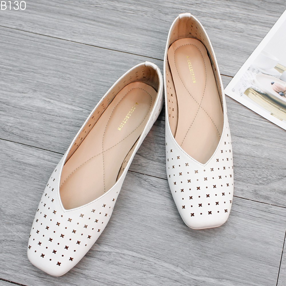 (Lẻ Size SALE 99k) - Giày Bệt Nữ, Búp Bê Mũi Vuông Da Mờ Khoét Lỗ Thông Thoáng - B129/30/31 (Form to lùi 1 size)
