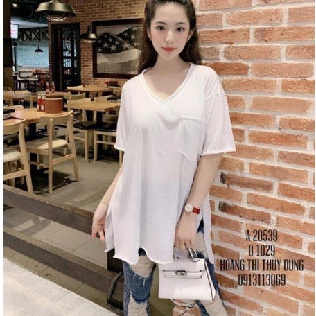 Áo thun tay lỡ form thụng cổ tim xẻ vạt có túi ngực vải cotton giấy cao cấp Bingshop