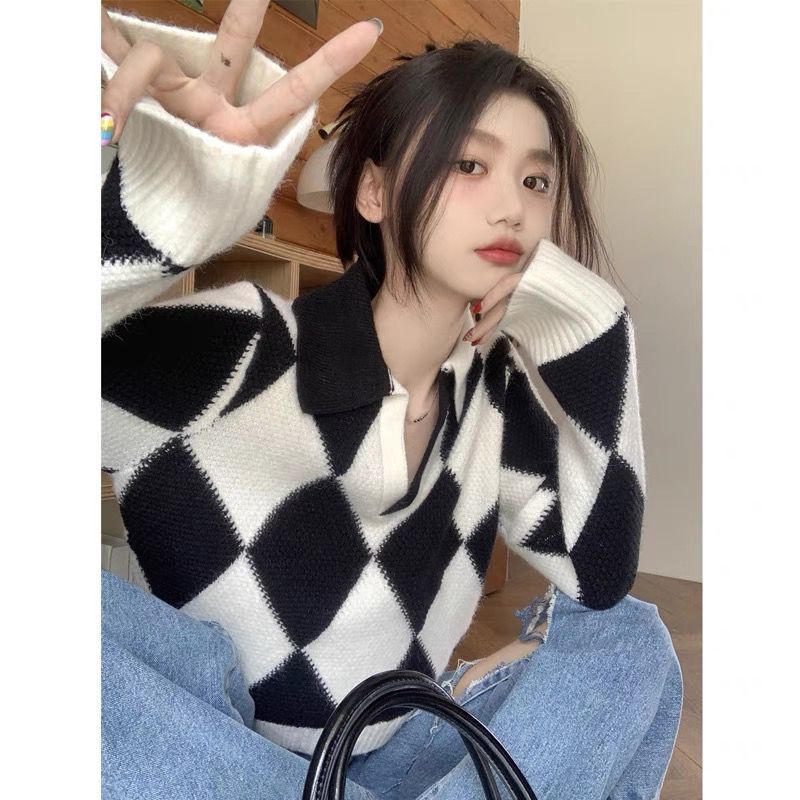 Áo Sweater Dệt Kim Tay Dài Dáng Rộng Màu Sắc Tương Phản Phong Cách Pháp Thời Trang 2022 Cho Nữ