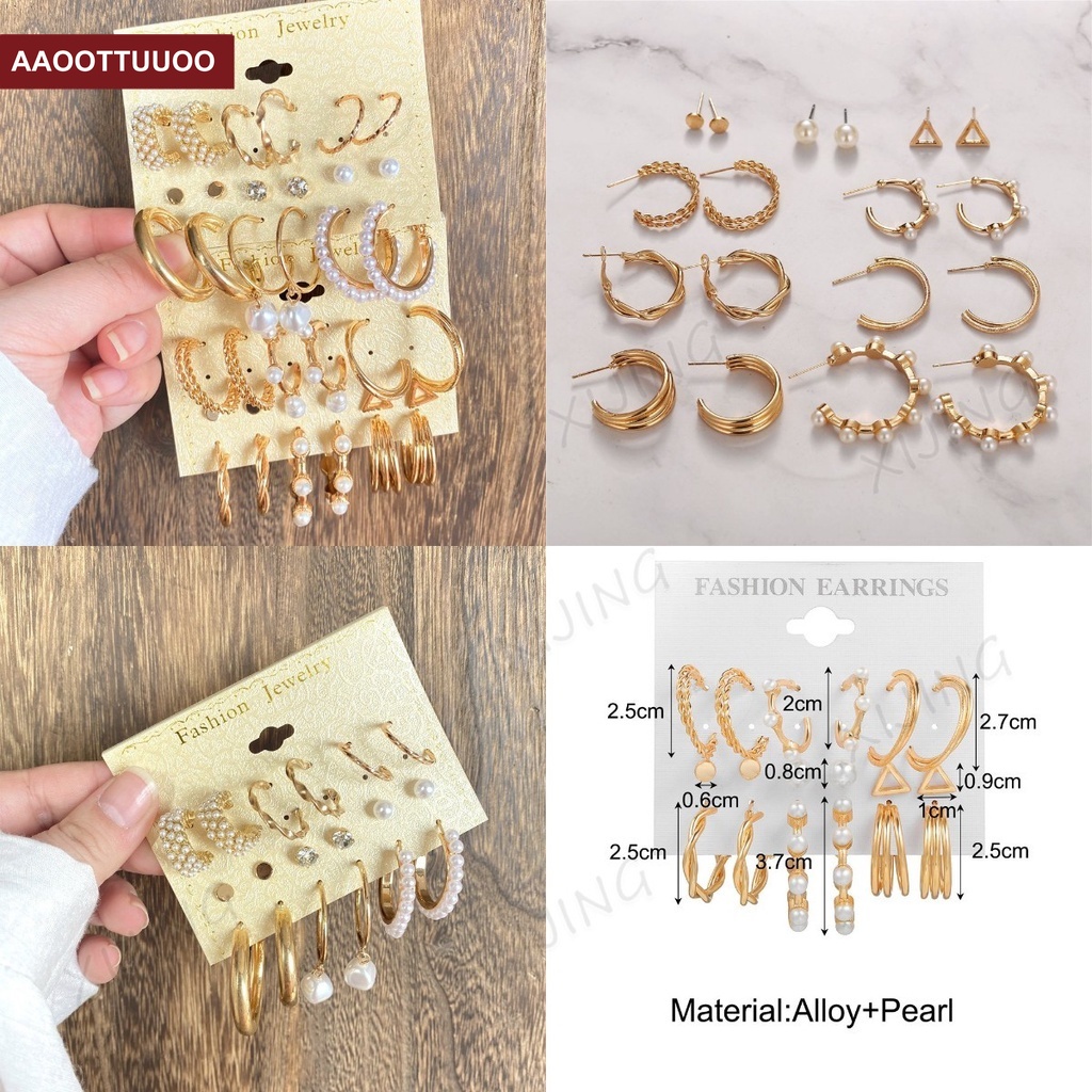 Set 9 Đôi Khuyên Tai Mạ Vàng Đính Ngọc Trai Thời Trang Cho Nữ