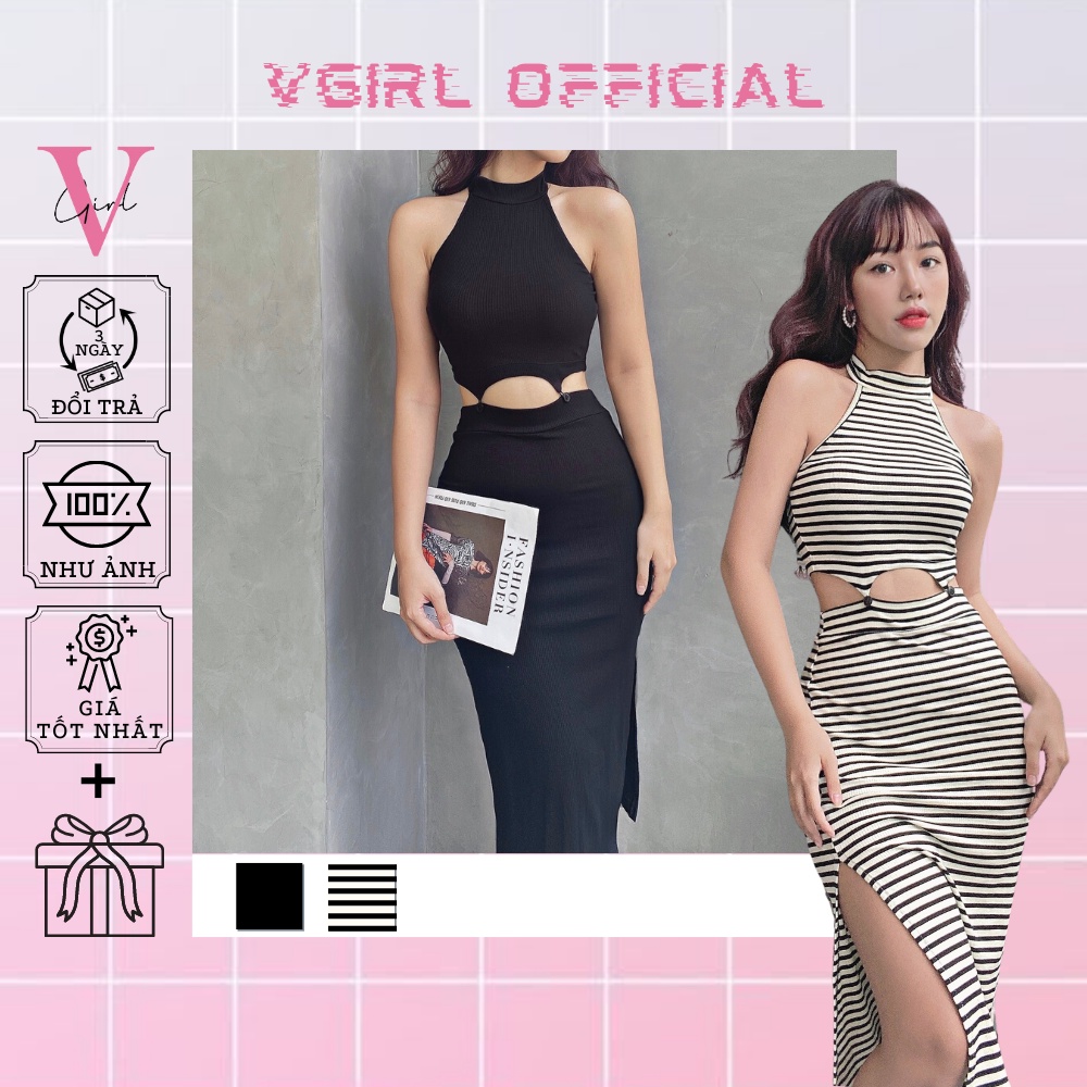 Set áo croptop nữ cổ yếm kèm chân váy xẻ tà ôm body VGIRL mặc được 2 kiểu