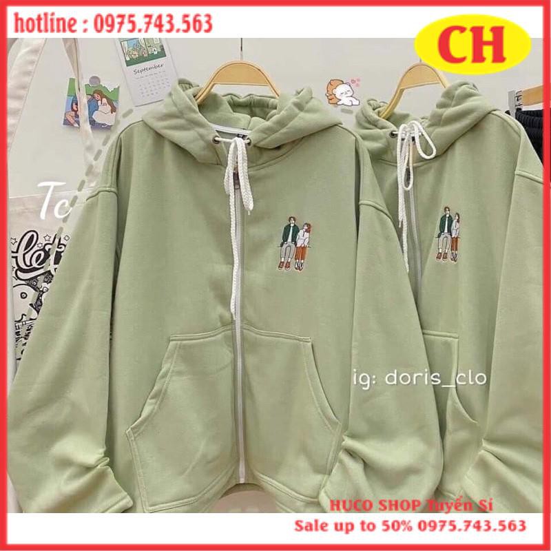 Áo Khoác Hoodie /Áo khoá kéo zip đôi bạn màu xanh đậu chất nỉ cotton tay bồng cánh rơi form thụng nam nữ mặc đôi unisex | BigBuy360 - bigbuy360.vn