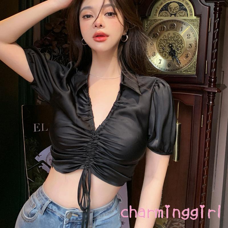 Áo Croptop Tay Ngắn Cổ Bẻ Phối Dây Rút Xếp Ly Thời Trang Đường Phố Mùa Hè Cho Nữ