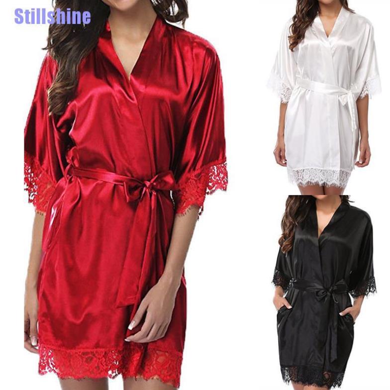 Áo choàng ngủ Kimono bằng lụa satin dáng dài phối ren quyến rũ cho nữ ! | BigBuy360 - bigbuy360.vn