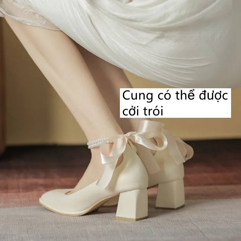 MURIOKI Giày Cao Gót Mũi Vuông Phối Ruy Băng Thắt Nơ Xinh Xắn Thời Trang Cho Nữ