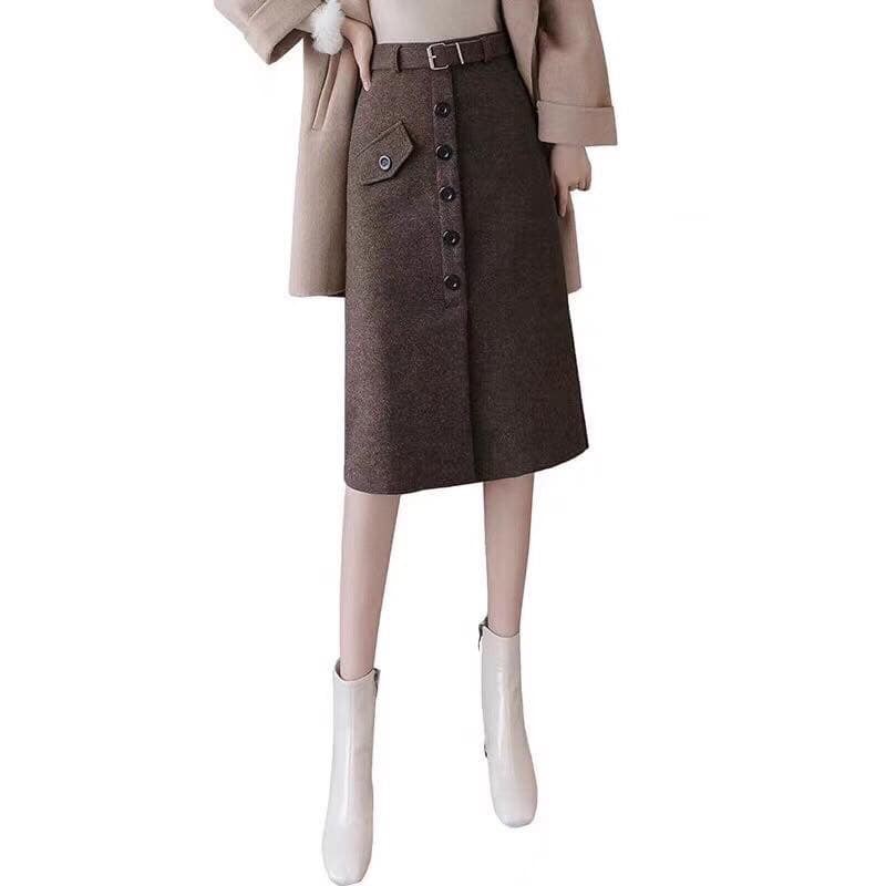 Chân váy dạ chữ A khuy nắp túi dài kèm đai xẻ trước công sở