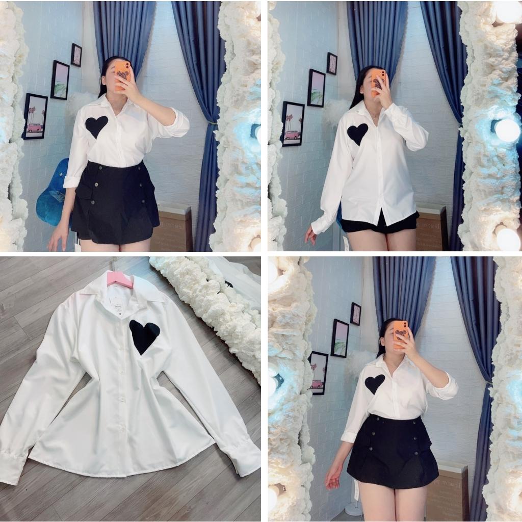 Áo sơ mi nữ tay dài bigsize, Áo kiểu bigsize có logo in hình tim vải kate lụa SMTD TIM - bigsize cô nhỏ