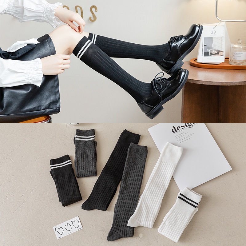 Vớ Dài Đến Đầu Gối Vải Cotton Màu Trắng Đen Phong Cách JK