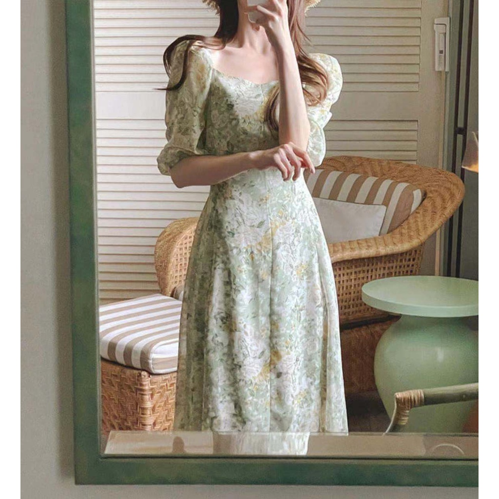 Đầm Lửng Tay Lửng Cổ Vuông Eo Cao Phong Cách Hàn Quốc Thời Trang Cho Nữ