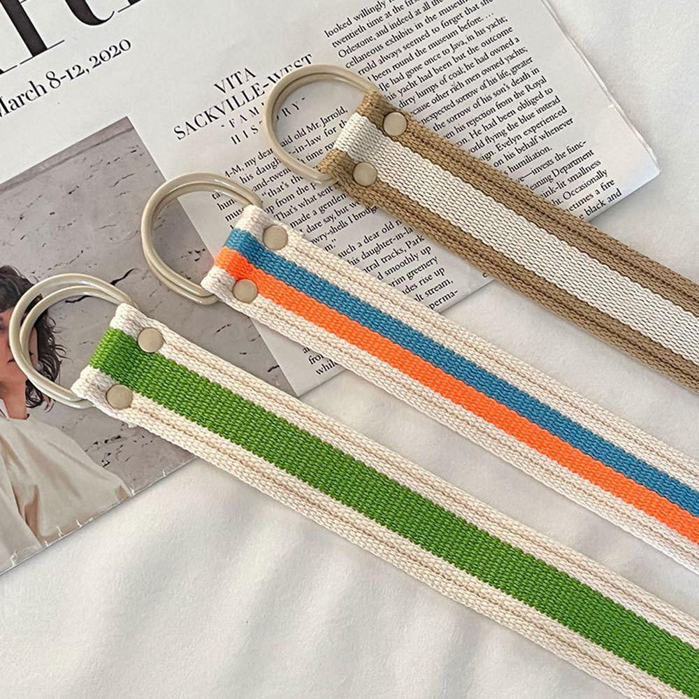 Thắt Lưng Vải Canvas Phối Hai Khóa Họa Tiết Kẻ Sọc Màu Đơn Giản Thời Trang Cho Nữ
