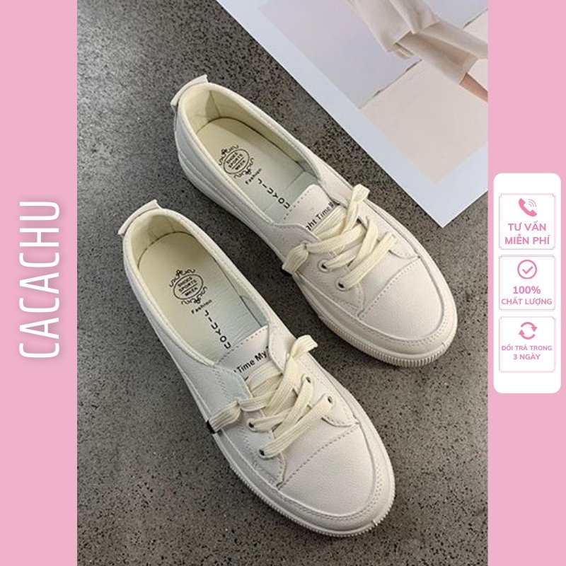 Giày thể thao nữ Slip On buộc dây 2 phân hàng đẹp hot trend 2021 CACACHU G023, giày lười nữ dây rút 2 màu trắng kem