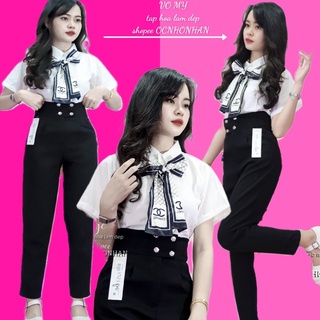 Set quần tây baggy nút phối áo sơmi nơ